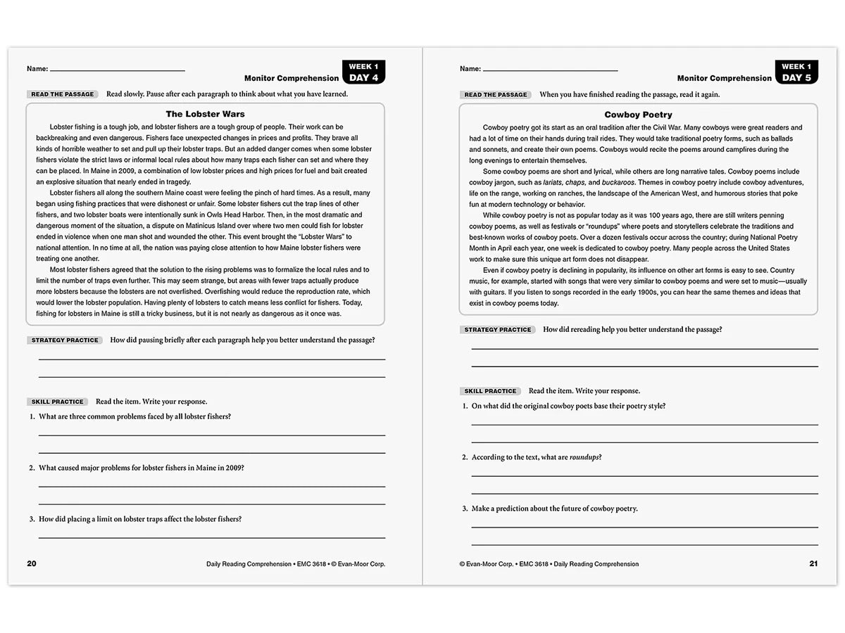 Daily Reading Comprehension Activities Workbook - Gr. 8 - US 1123